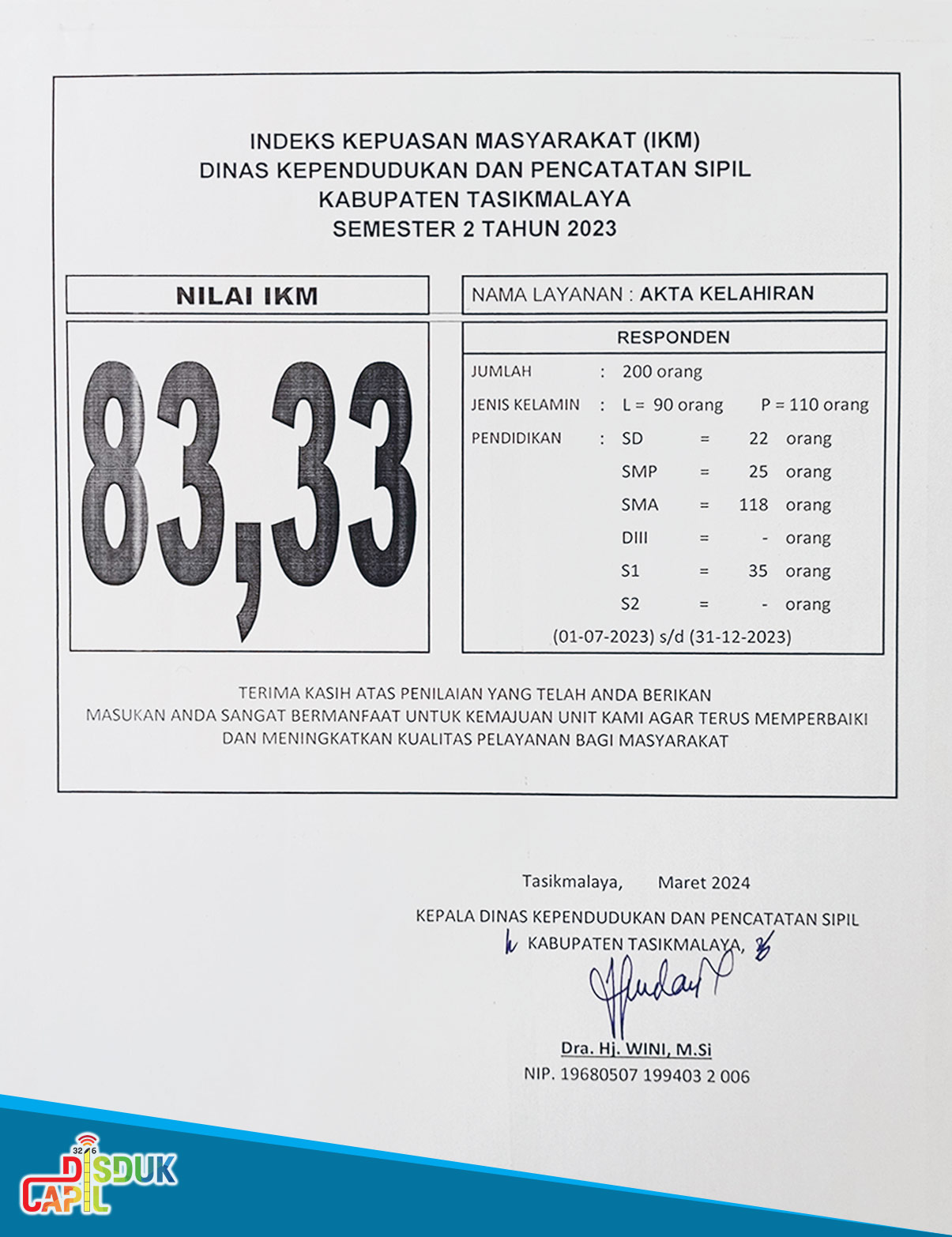 Indeks Kepuasan Masyarakat pada Disdukcapil Kabupaten Tasikmalaya Semester 2 Tahun 2023